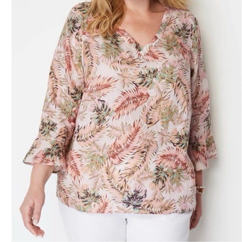 J. Jill Linen Live Linen Tunic Top Blouse Tropical Palm Floral Tunic Breezy NWT